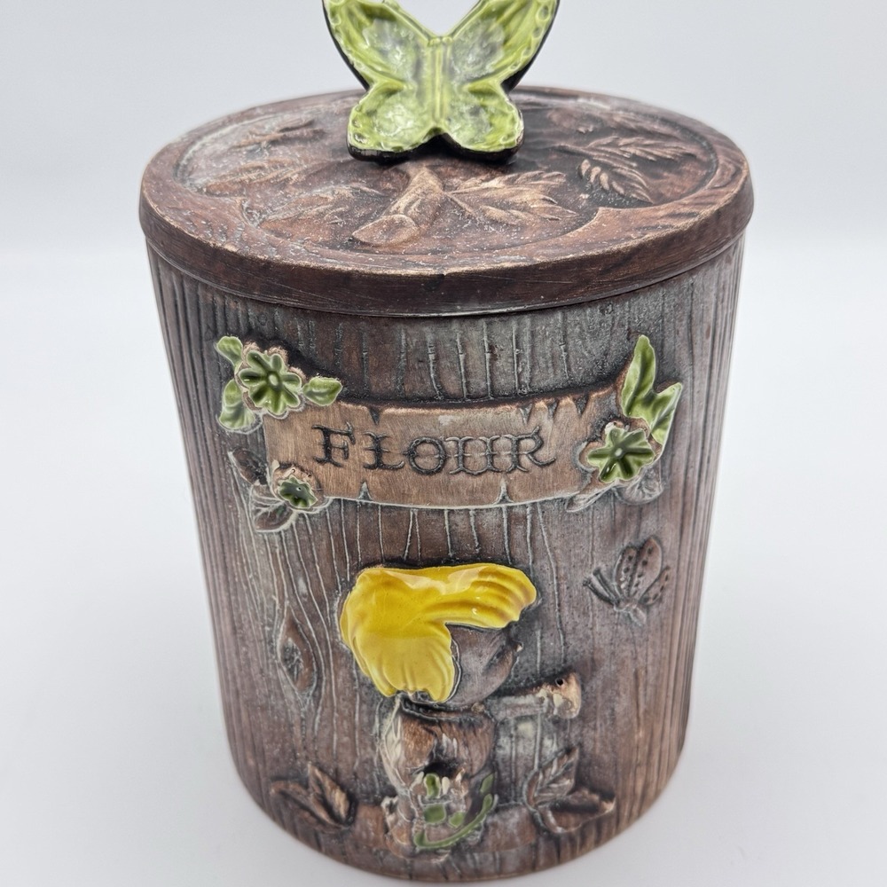 VTG Treasure Craft Flour Jar Green Butterfly & Boy Ceramic WoodGrain CottageCore